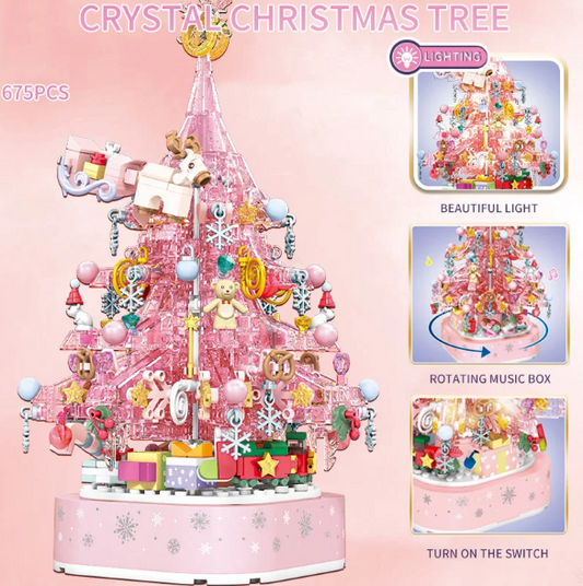 森宝积木粉色水晶圣诞树音乐盒